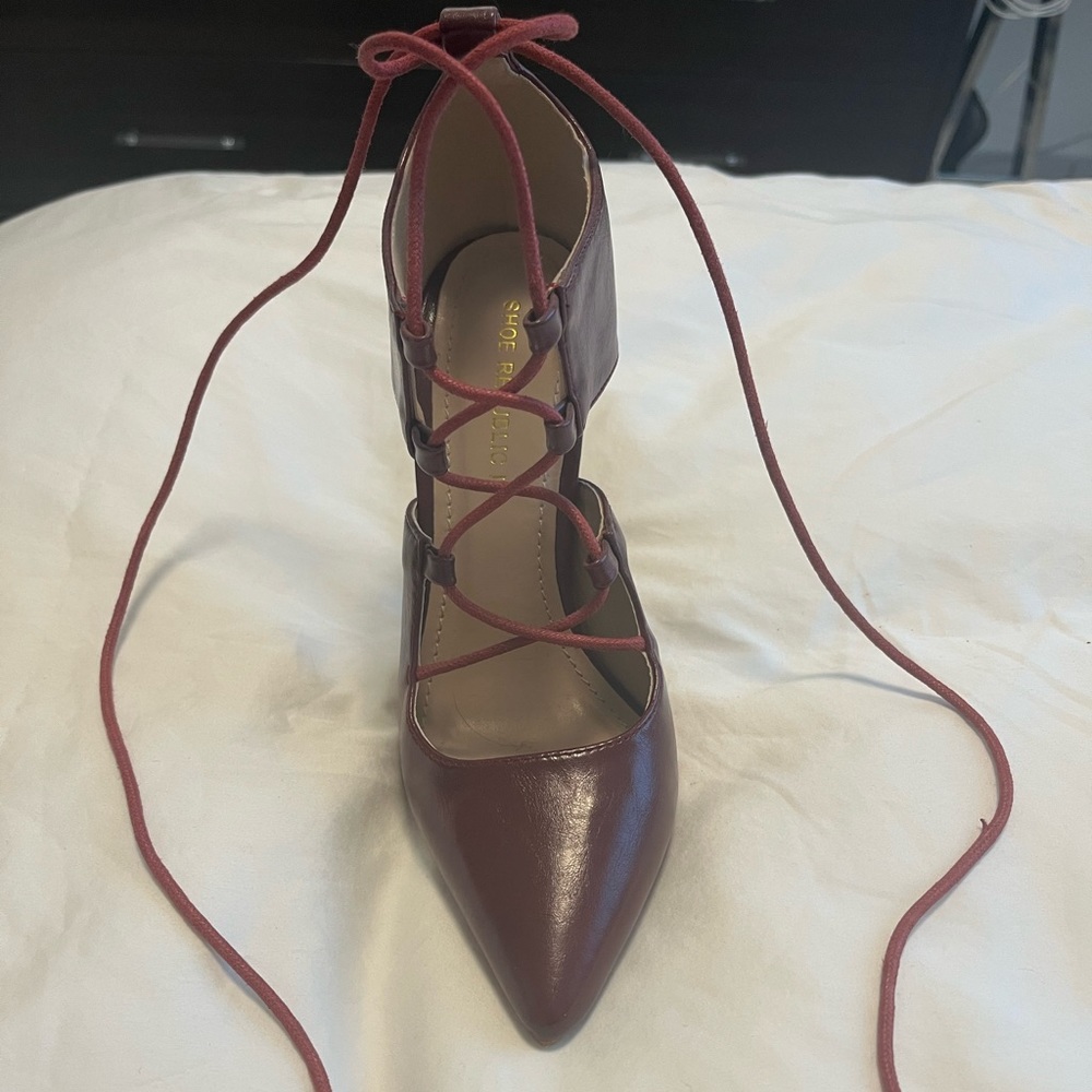 Burgundy lace up stilettos